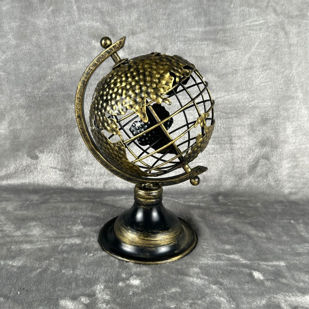 Vintage Style Metal Wire Globe Sculpture Gold Black Industrial Desk Decor 10"